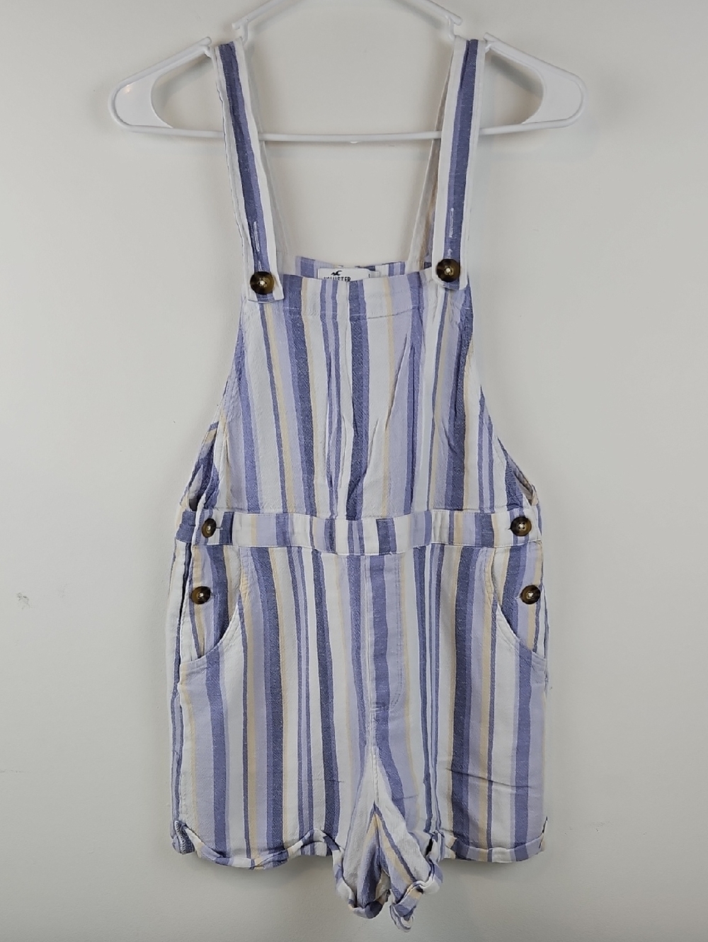 Hollister Striped Linen-Blend Short Overalls in Lavender and Cream Size Small